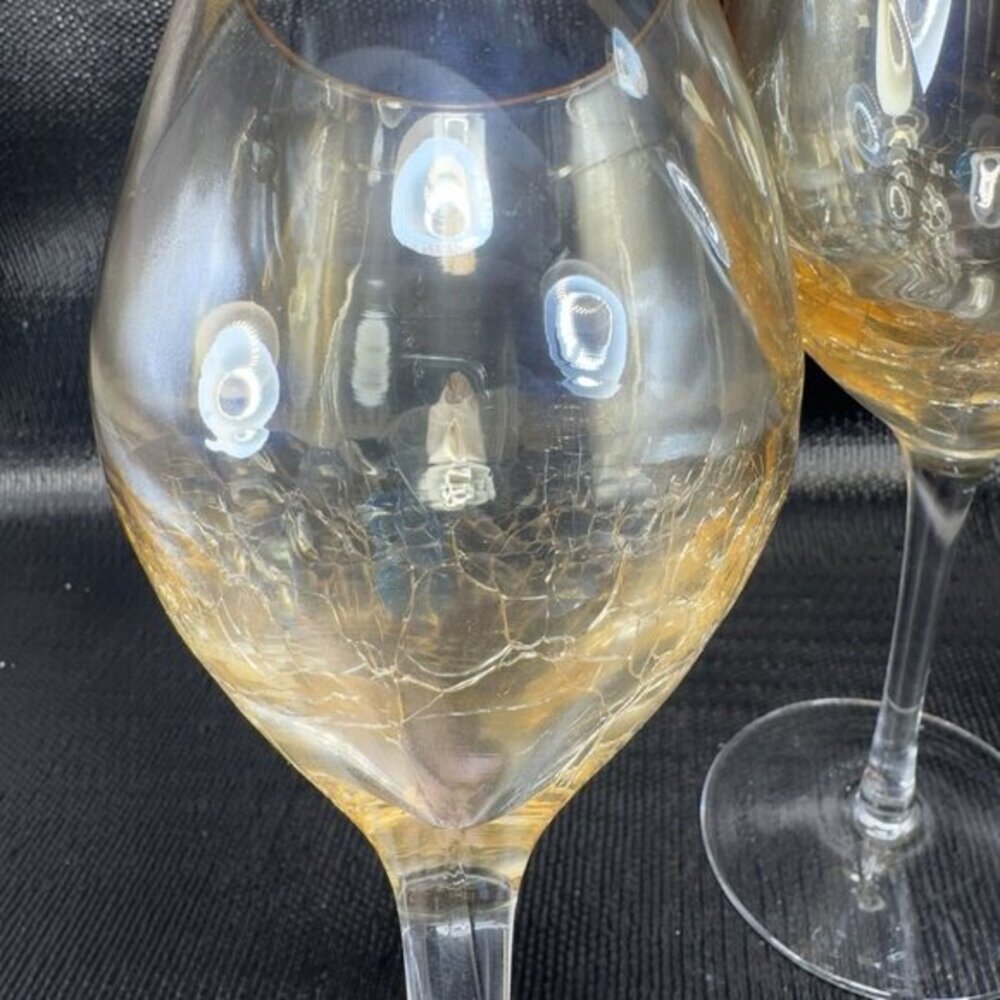 Pier 1 Crackle Glass Goblet Glasses Cups Stemware Gold Yellows Luster Finish VTG - Picture 4 of 13